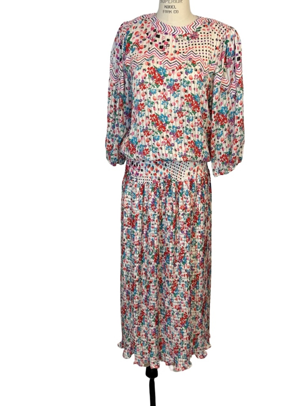Vintage 80s Diane Freis Floral Print Dress Ruched Waist Mini Pleat Skirt - LG - Picture 1 of 10
